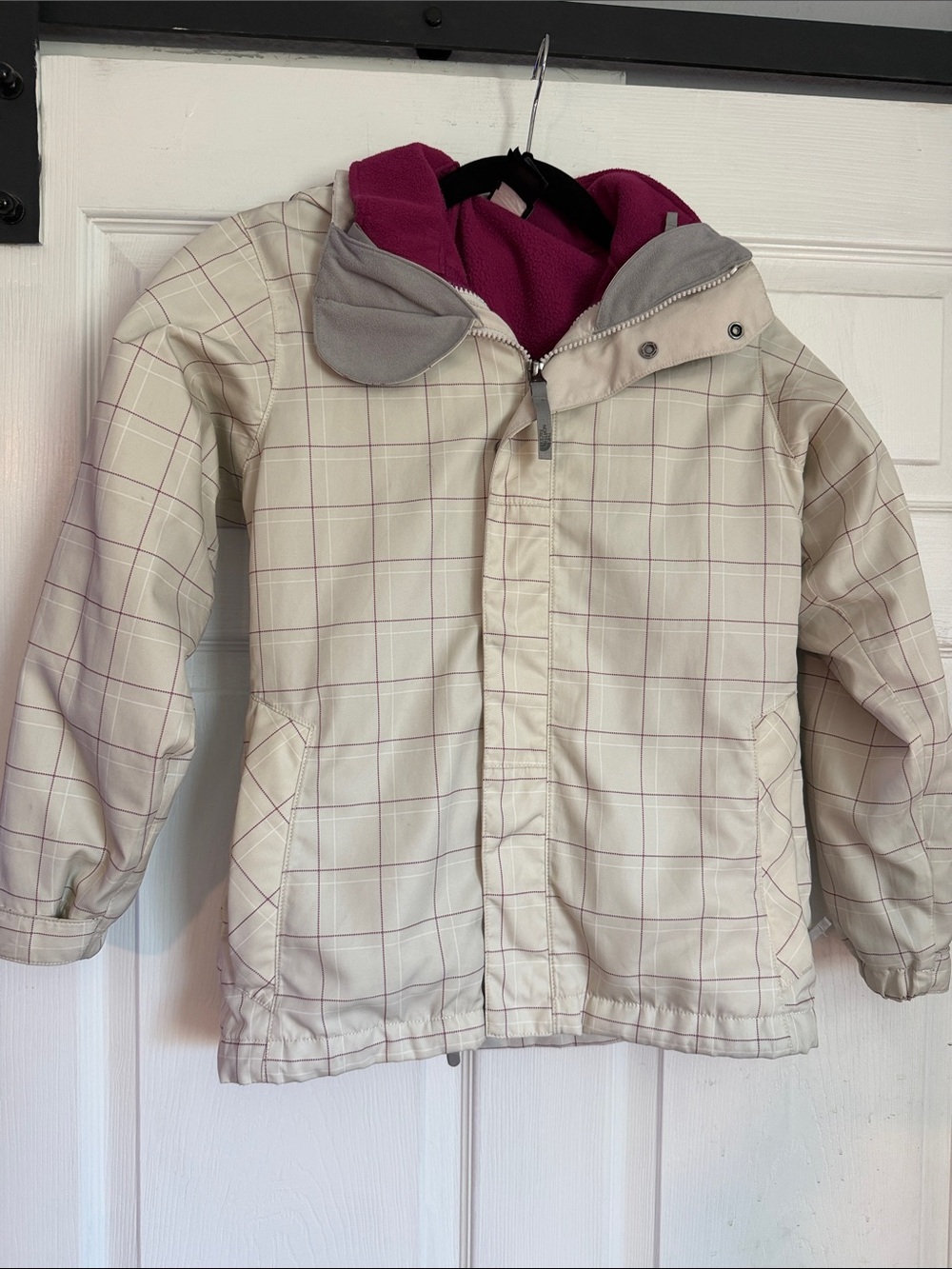 The North Face Cream Plaid snow coat with Pink Fleece removable Lining and hood